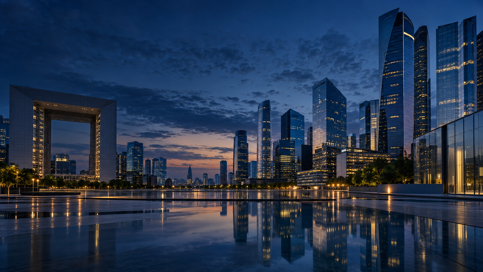 Quartier d’affaires moderne inspiré de Paris La Défense au crépuscule